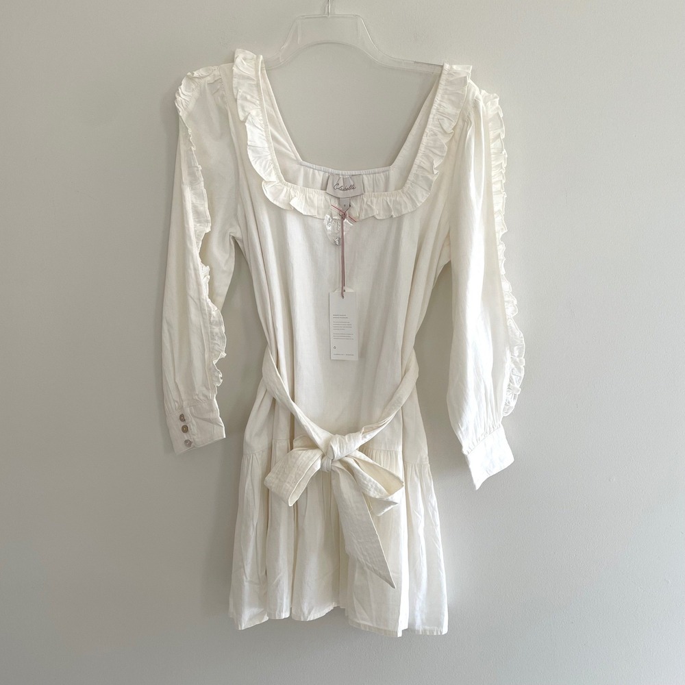 Cleobella Ivory Organic Cotton Ruffle Mini‎ Dress Small NWT Boho Tonal Check